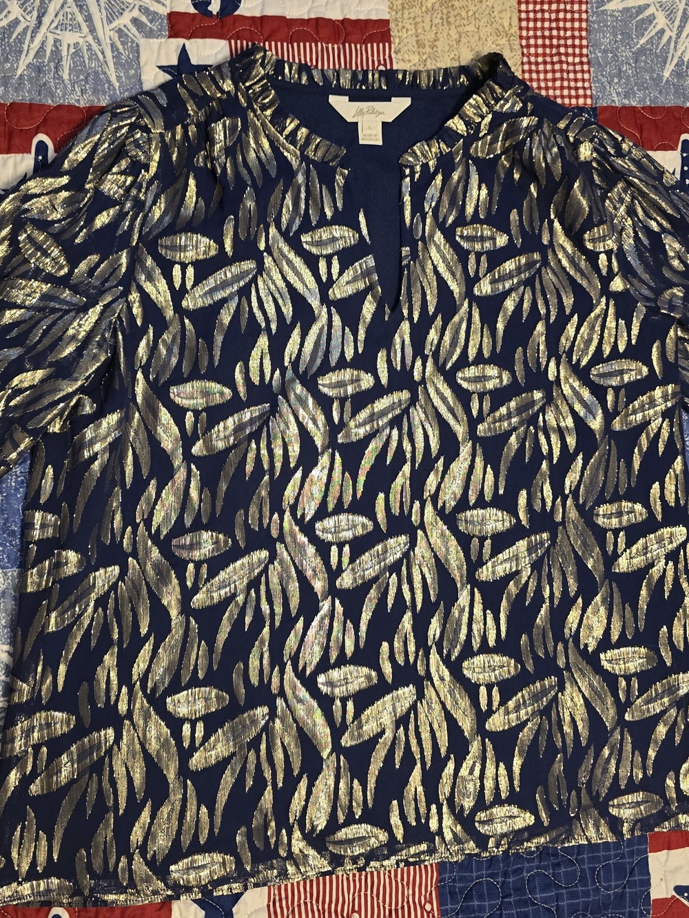 Lilly Pulitzer Size LARGE - Navy Blouse with Metallic Gold Leaf Motif